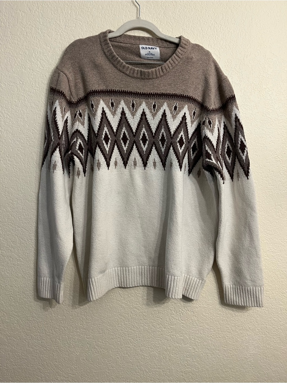 Classic grandpa Old Navy Men's Cream and Brown Geometric Crewneck Sweater
